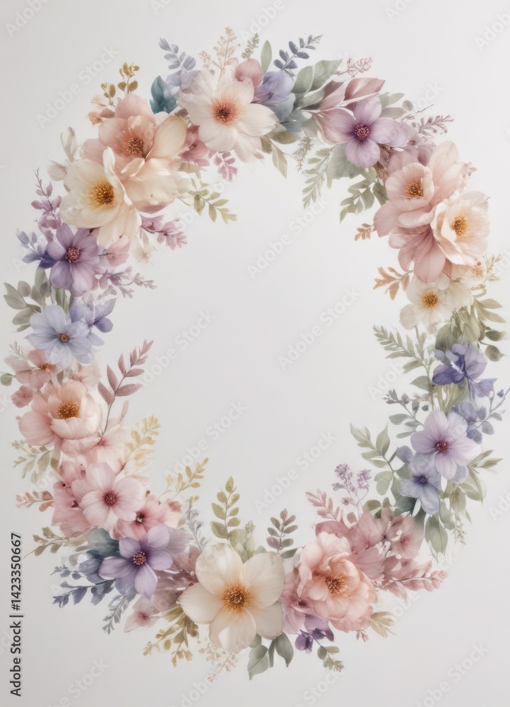 Obraz premium Delicate watercolor floral wreath, petal patterns Soft, pastel hues on white , elegant, nature