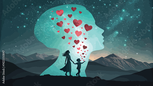Silhouette of a woman and child sharing love under a starry night sky.