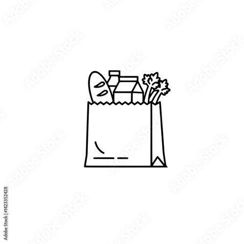 Minimalist grocery bag icon in line art style representing shopping and food concepts