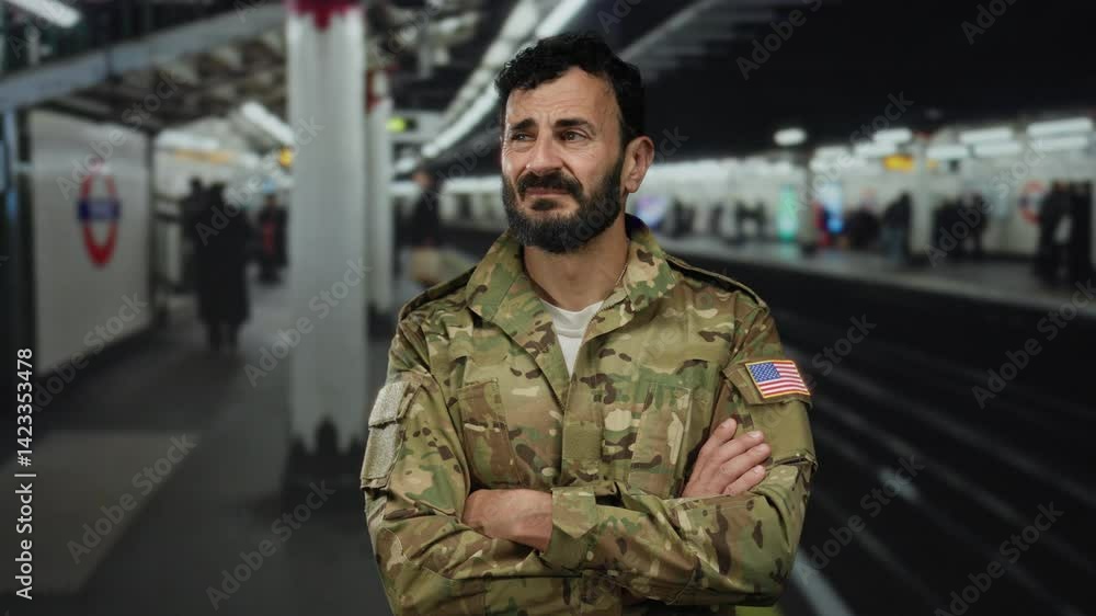 Man in military uniform standing in an underground station with arms crossed, displaying a thoughtful expression amid blurred commuters and subway signage, highlighting urban transit mood. Man in military uniform standing in an underground station with arms crossed, displaying a thoughtful expression amid blurred commuters and subway signage, highlighting urban transit mood.