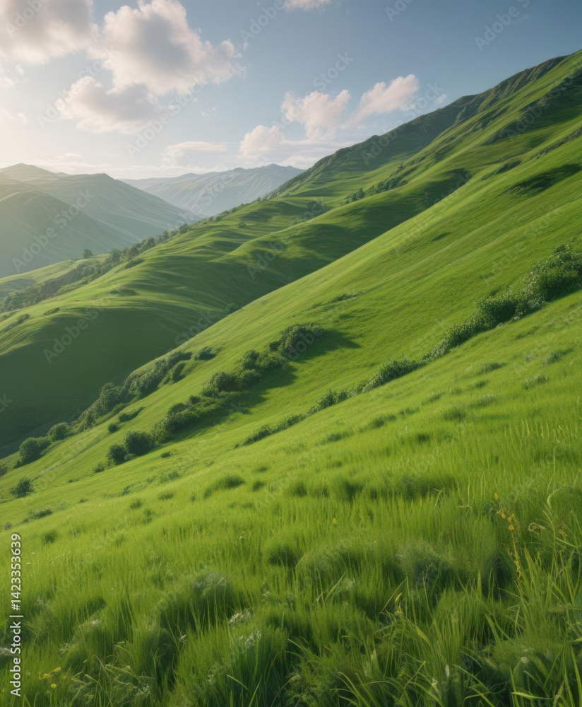 Fototapeta premium Emerald hillside gently slopes, vibrant green grass blankets the land , vibrant, botany, hill