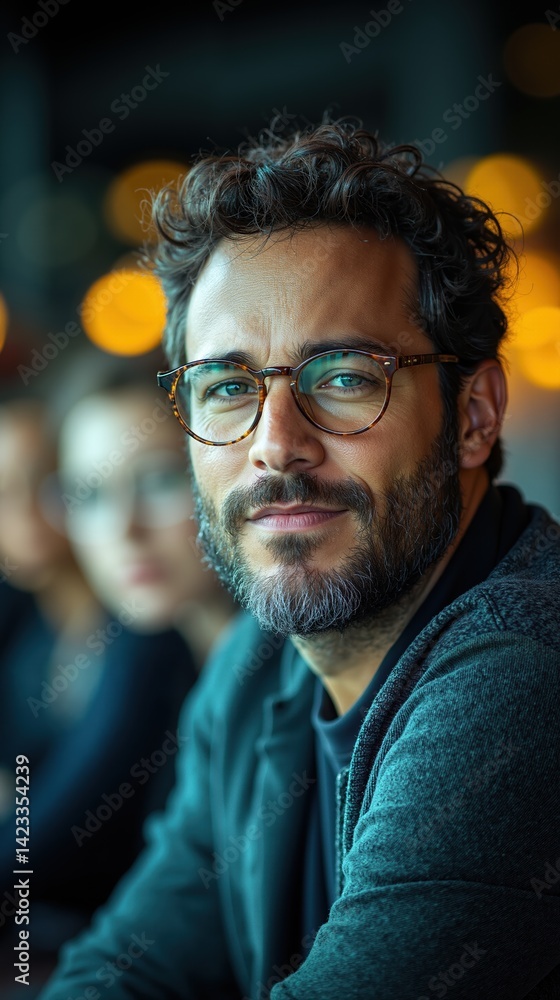 Contemporary portrait of confident professional in trendy glasses and casual attire with warm bokeh background Contemporary portrait of confident professional in trendy glasses and casual attire with warm bokeh background