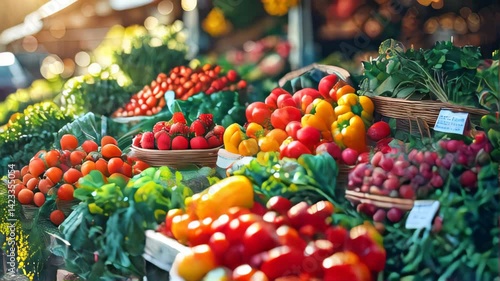Vibrant farmers market displaying fresh fruits and vegetables in sunlight