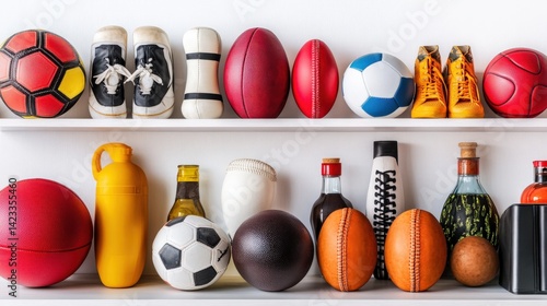 Colorful Sports Equipment Display on Shelving Unit