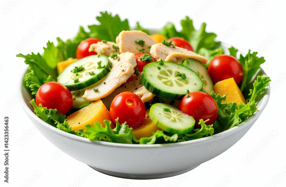 Bowl with chicken, cherry tomatoes, cucumbers, butternut squash, and parsley. A nutritious and colorful meal. Bowl with chicken, cherry tomatoes, cucumbers, butternut squash, and parsley. A nutritious and colorful meal.