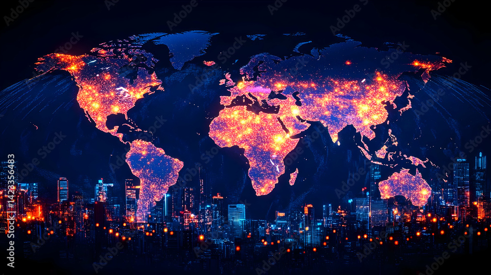 Glowing Global Network Map with City Skyline at Night