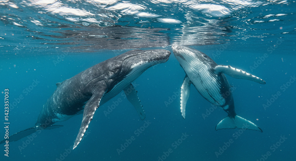 Fototapeta premium Whales Swimming Underwater in Blue Ocean Touching Noses