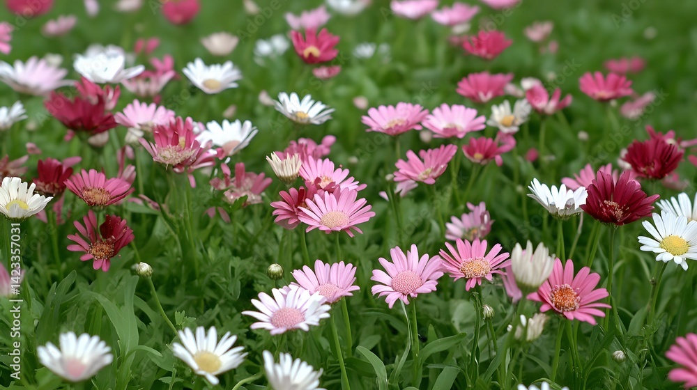 Fototapeta premium Vibrant Pink, White Daisy Flowers Meadow Bloom