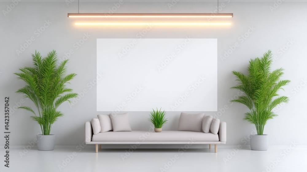 Modern Sofa with Plants and Artwork Minimalist Style Bright even lighting Centered full shot Neutral textures Relaxing ambiance White wall background Calm neutral tones Ideal for interior design Modern Sofa with Plants and Artwork Minimalist Style Bright even lighting Centered full shot Neutral textures Relaxing ambiance White wall background Calm neutral tones Ideal for interior design