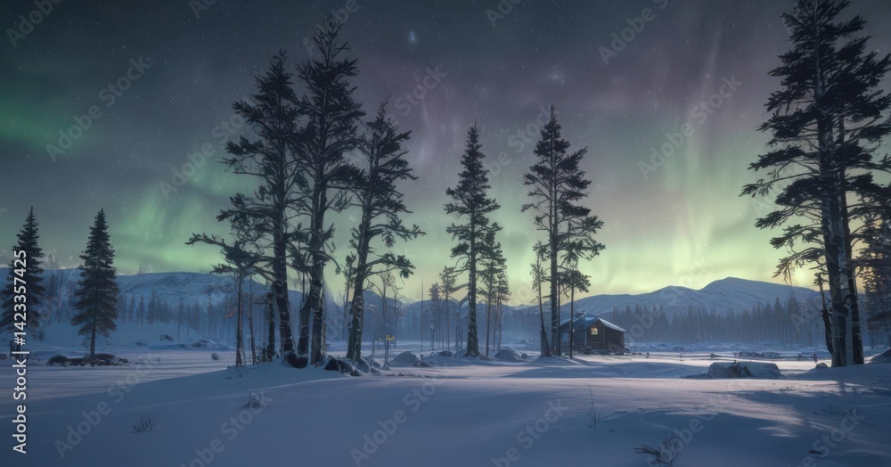 Frozen Arctic landscape, snow-laden trees, research station silhouette, aurora borealis , blue, polar, aurora Frozen Arctic landscape, snow-laden trees, research station silhouette, aurora borealis , blue, polar, aurora