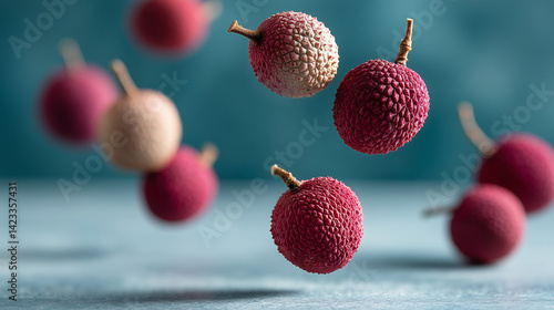 Lychee Fruits in Motion: Vivid and appetizing lychee fruits appear to float in mid-air, their intricate textures and rich colors against an attractive backdrop