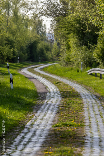Eine alter Kopfsteinpflasterstraße im Frühling