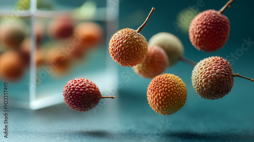 Vibrant Lychee Display: A close-up shot showcases fresh lychees, suspended against a soft, blurred background, with varying shades of red and orange, evoking the sweet essence of summer.