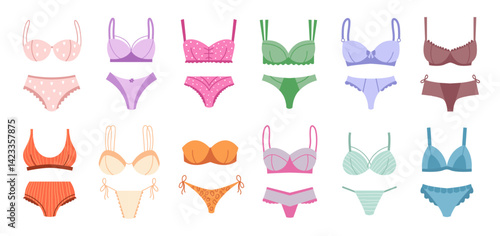 Woman lingerie. Fashioned panties set bikini and swimsuit clothes recent vector beautiful lingerie illustrations in flat style