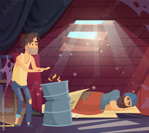Homeless people. old sad persons spend time in an abandoned house