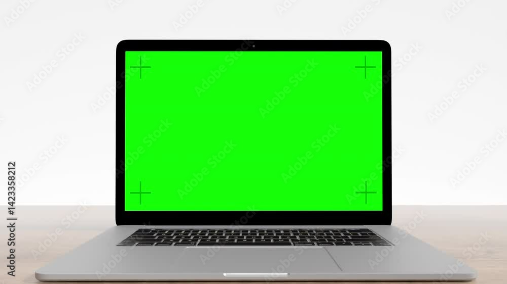 custom made wallpaper toronto digitalLaptop opens up in a white room, camera zooms into green screen with tracking markers. 3D animation.
