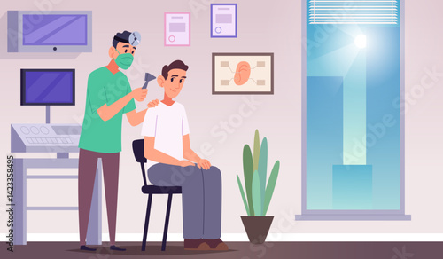 Deaf people. Medical conceptual background with persons using hearing aid exact vector illustration in cartoon style