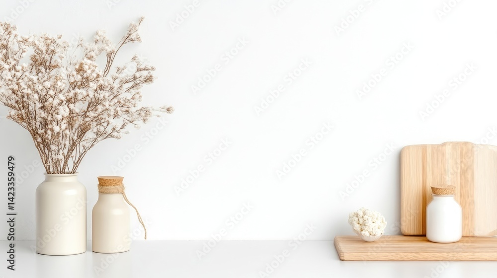 A minimalist white vase with dried flowers on a clean white shelf, accompanied by ceramic jars and wooden cutting board, and modern home decor concept. A minimalist white vase with dried flowers on a clean white shelf, accompanied by ceramic jars and wooden cutting board, and modern home decor concept.