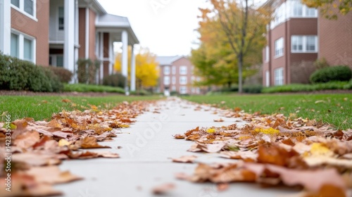 Autumnal pathway lined with fallen leaves, leading through residential neighborhood