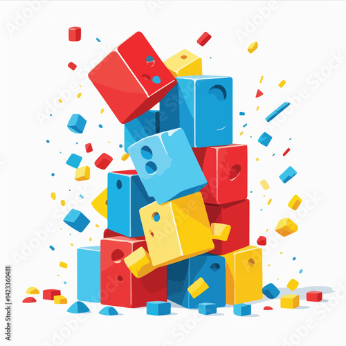 a flat vector toy block collapsed with one block cracked open