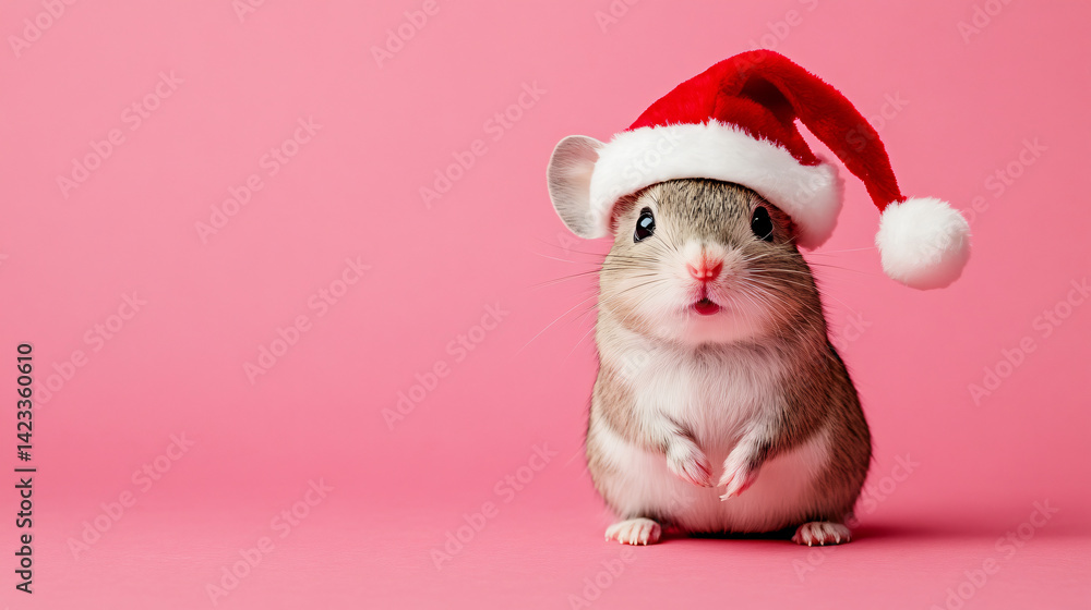 Festive Hamster: A cute hamster, adorned with a Santa hat, poses with an inviting expression against a soft pink backdrop, exuding holiday warmth and cheer.