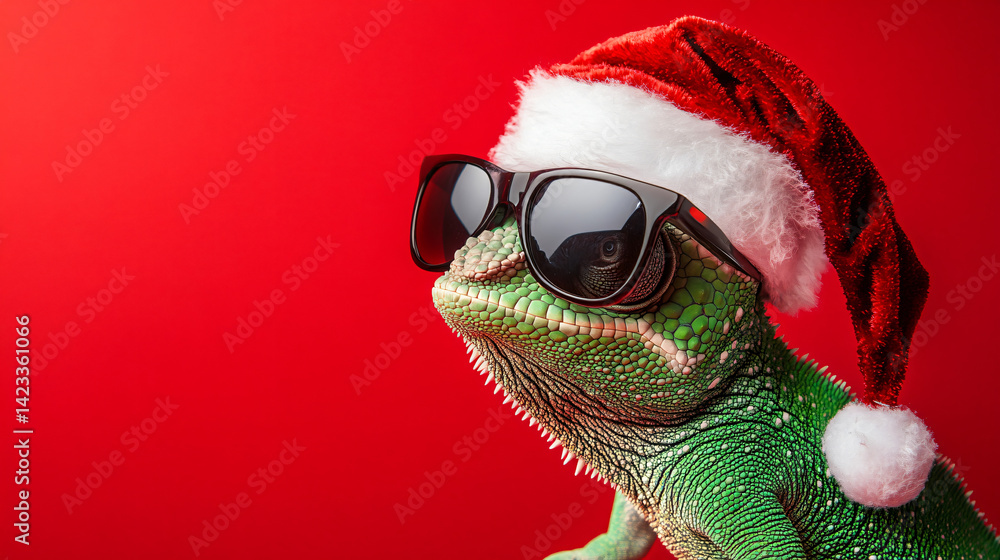 Chameleon Christmas: A cool chameleon is seen with Christmas hat and glasses on a bright red backdrop. Capturing a moment of fun, festive spirit and charm.