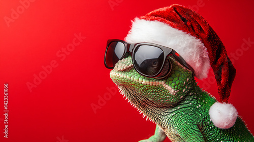 Obraz na płótnie Chameleon Christmas: A cool chameleon is seen with Christmas hat and glasses on a bright red backdrop. Capturing a moment of fun, festive spirit and charm. w salonie
