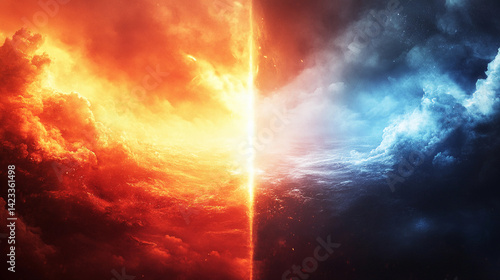 A vivid depiction of the elemental clash between fire and ice, with a bright dividing line in the center