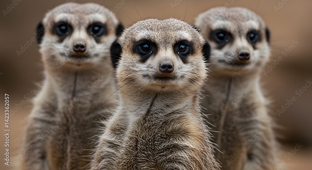 Fototapeta premium AI image presenting an engaging close-up portrait of three curious, alert meerkats, their faces and dark-ringed eyes focused intently forward.