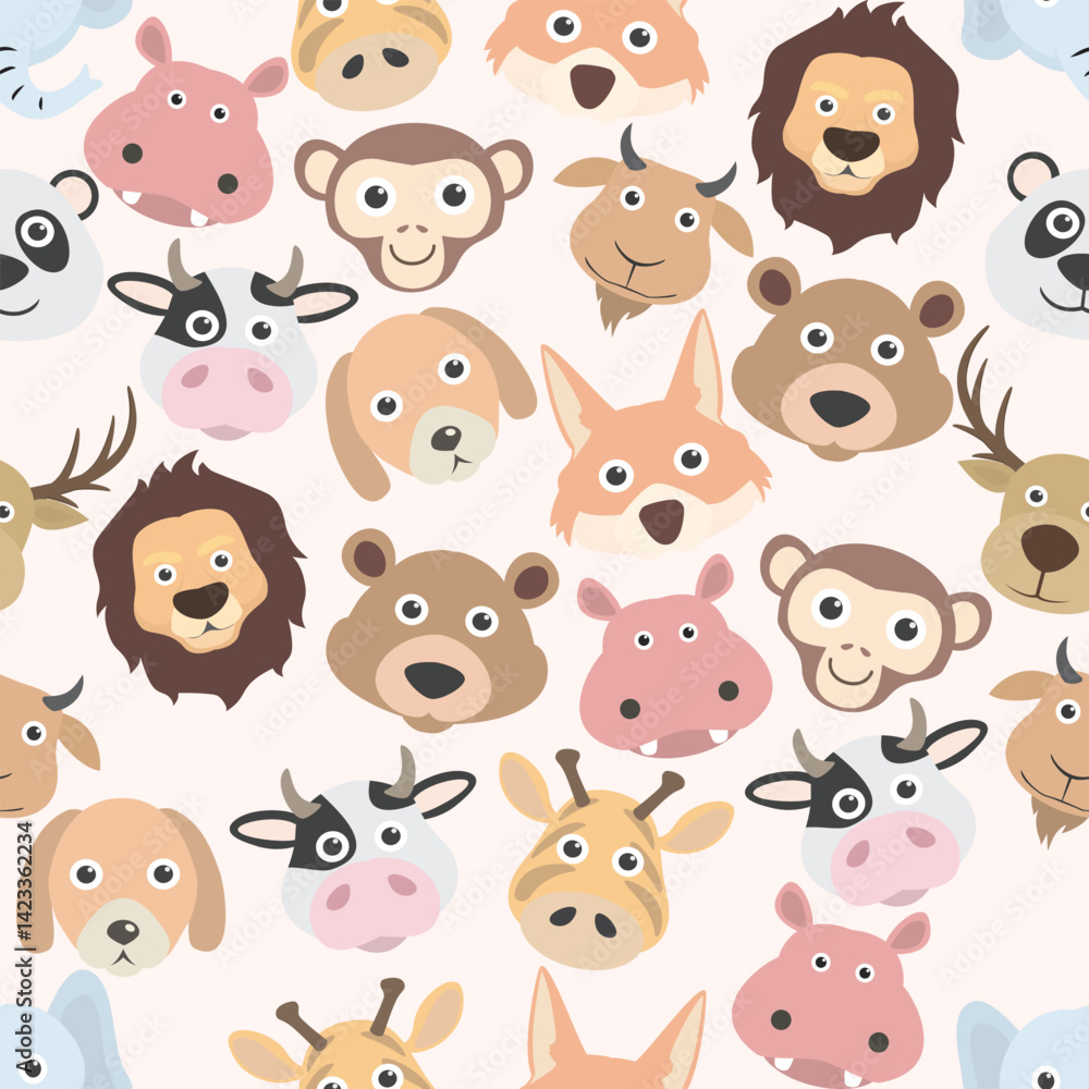Seamless vector pattern featuring a diverse collection of animals including wild, farm, exotic species. Modern style perfect for children’s products, wallpapers, textiles, packaging, educational Seamless vector pattern featuring a diverse collection of animals including wild, farm, exotic species. Modern style perfect for children’s products, wallpapers, textiles, packaging, educational