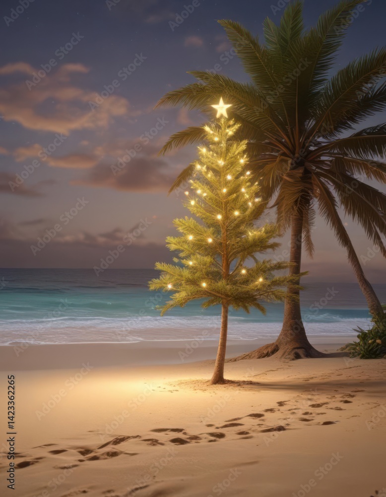 Obraz premium Lone Christmas tree, twinkling lights, tropical beach sand, december, solitude, paradise