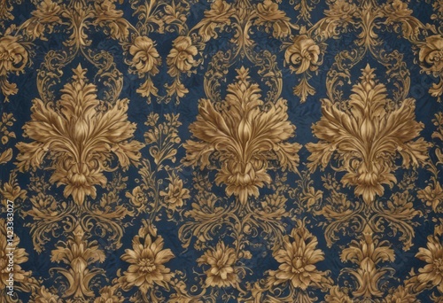 Intricate gold & blue floral damask  Seamless pattern , elegant, decor, blue