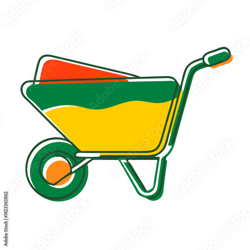 Colorful Wheelbarrow Icon with Garden Soil and Tools  