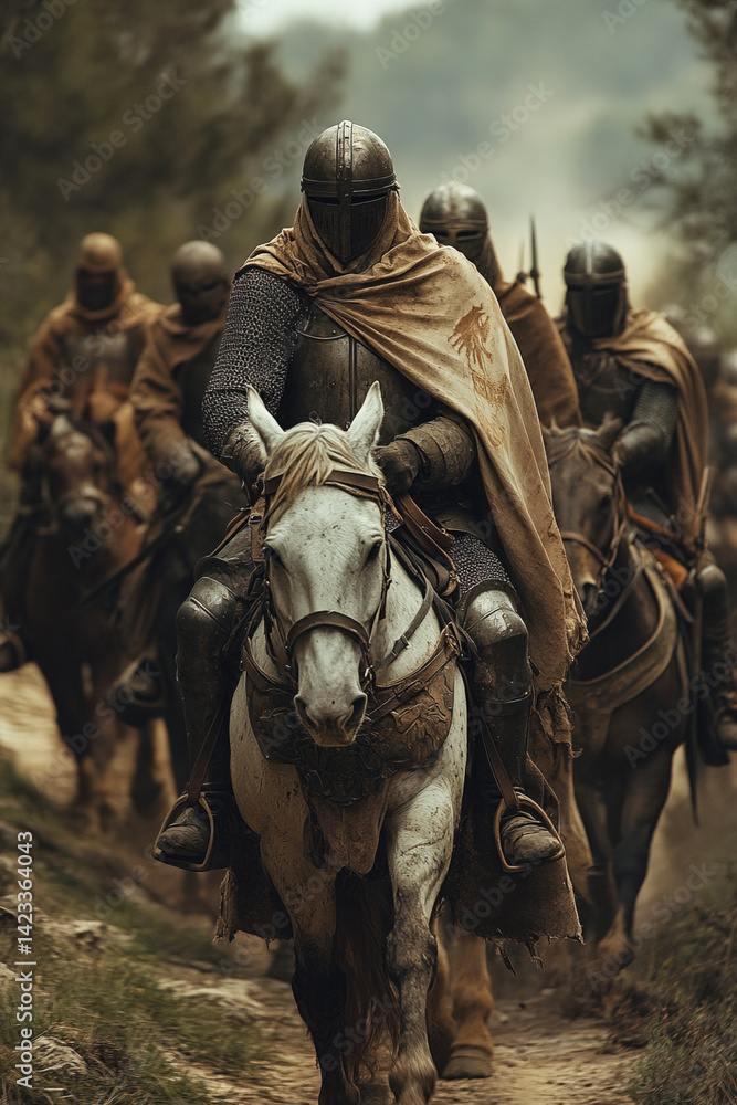 Fototapeta premium Knights in armor ride on horseback during a crusade through a dense forest landscape