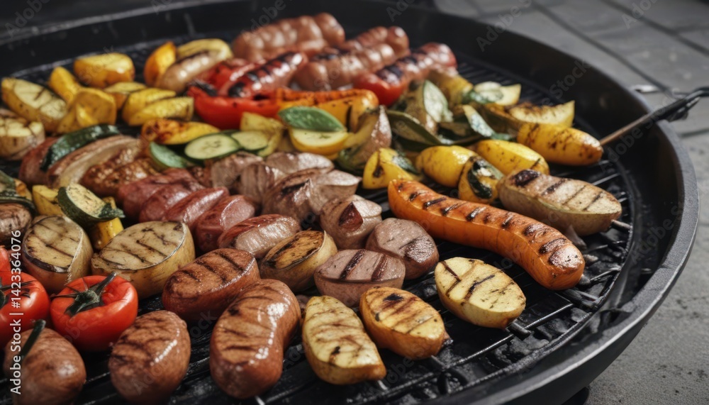 Grilled vegetables and sausage on black grill , summer, fire, summertime grilling Grilled vegetables and sausage on black grill , summer, fire, summertime grilling