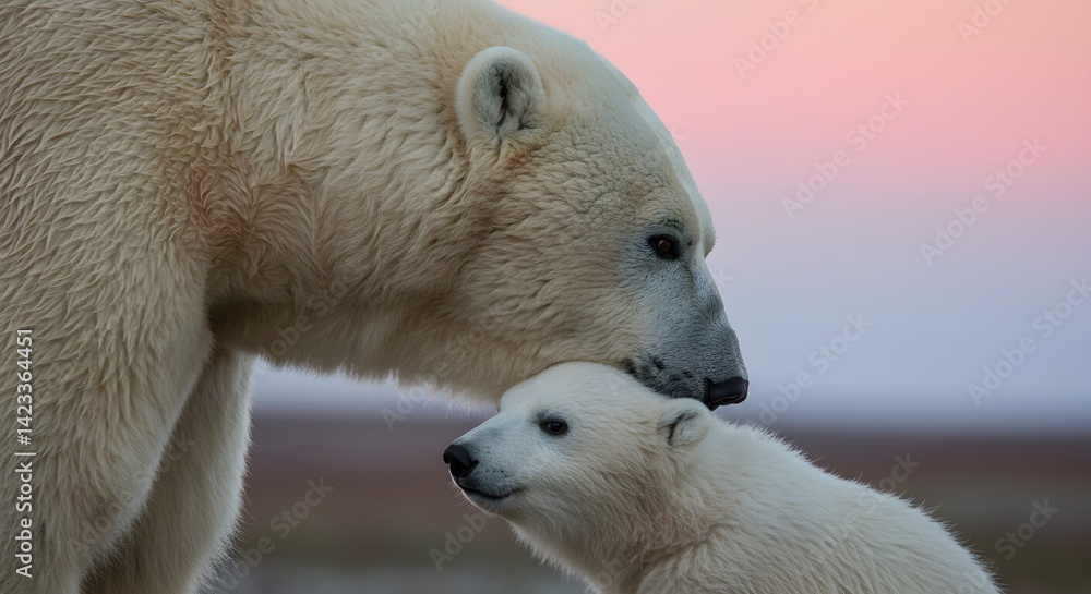 ai image provides a touching side-view close-up of a mother polar bear gently lowering her head towards her cub in an affectionate gesture. ai image provides a touching side-view close-up of a mother polar bear gently lowering her head towards her cub in an affectionate gesture.