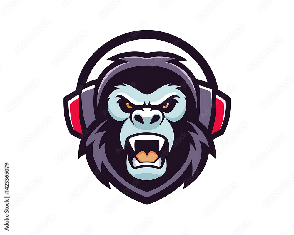 Flat and Minimal Angry Gorilla head with Headphone mascot logo design, isolated on white background Flat and Minimal Angry Gorilla head with Headphone mascot logo design, isolated on white background