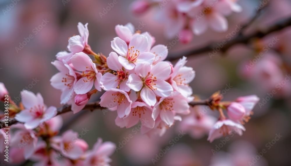 A close up of delicate cherry blossoms, creating a soft pink backdrop. A close up of delicate cherry blossoms, creating a soft pink backdrop.