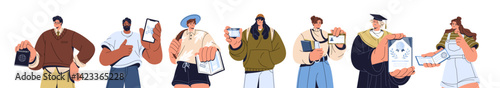 Set of people showing documents. Men, women hold ID card, passport, certificate, diploma of education, phone with qr code, travel visa to pass control. Flat isolated vector illustration on white