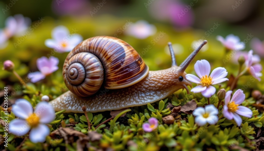 An artistic representation of a snail on a mossy surface, surrounded by delicate flowers. An artistic representation of a snail on a mossy surface, surrounded by delicate flowers.