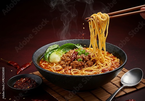 Steaming bowl of dan dan noodles with minced meat, pak choi and chili flakes