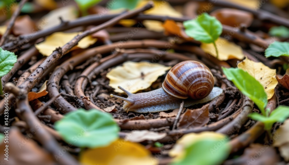 A peaceful scene showcasing a snail navigating through a labyrinth of leaves and twigs. A peaceful scene showcasing a snail navigating through a labyrinth of leaves and twigs.