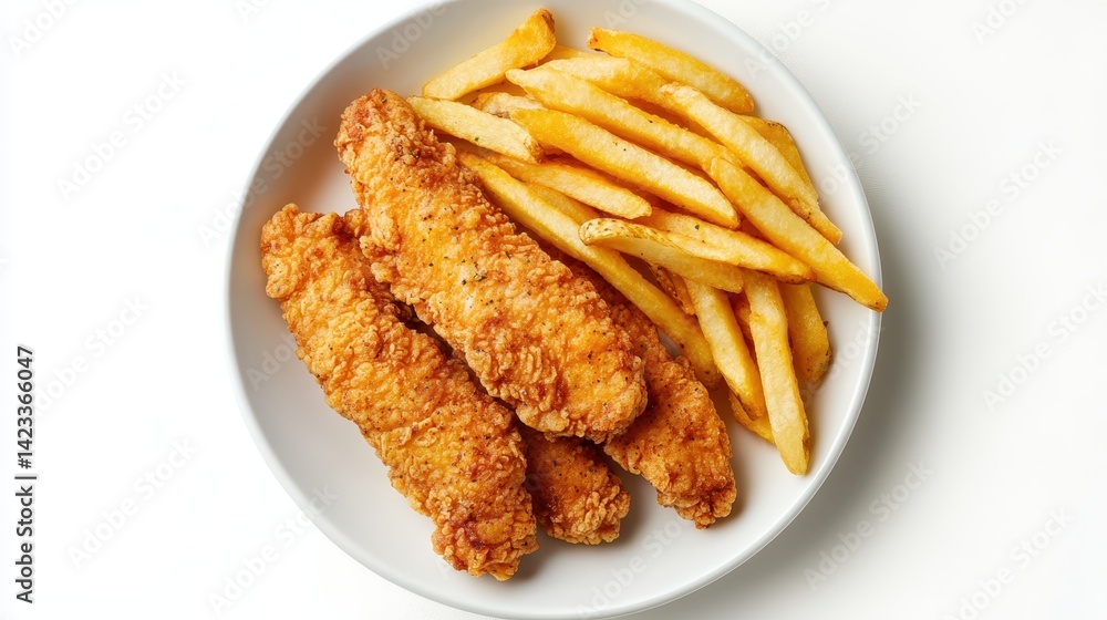 Crispy fried chicken tenders served with golden French fries on a white plate Crispy fried chicken tenders served with golden French fries on a white plate