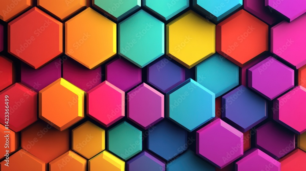 A vibrant abstract pattern of layered, colorful hexagons. A vibrant abstract pattern of layered, colorful hexagons.