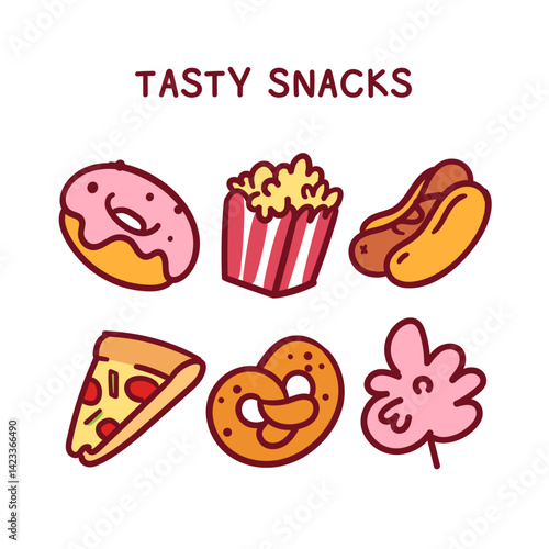 Vector doodle illustration of glazed donut, popcorn box, hot dog, pizza, bavarian pretzel, and candyfloss. Hand-drawn snacks set. Isolated clipart for takeout and tasty fast-food designs