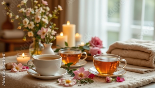 Wallpaper Mural A luxurious spa setup with herbal teas, fresh flowers, and candles. Torontodigital.ca