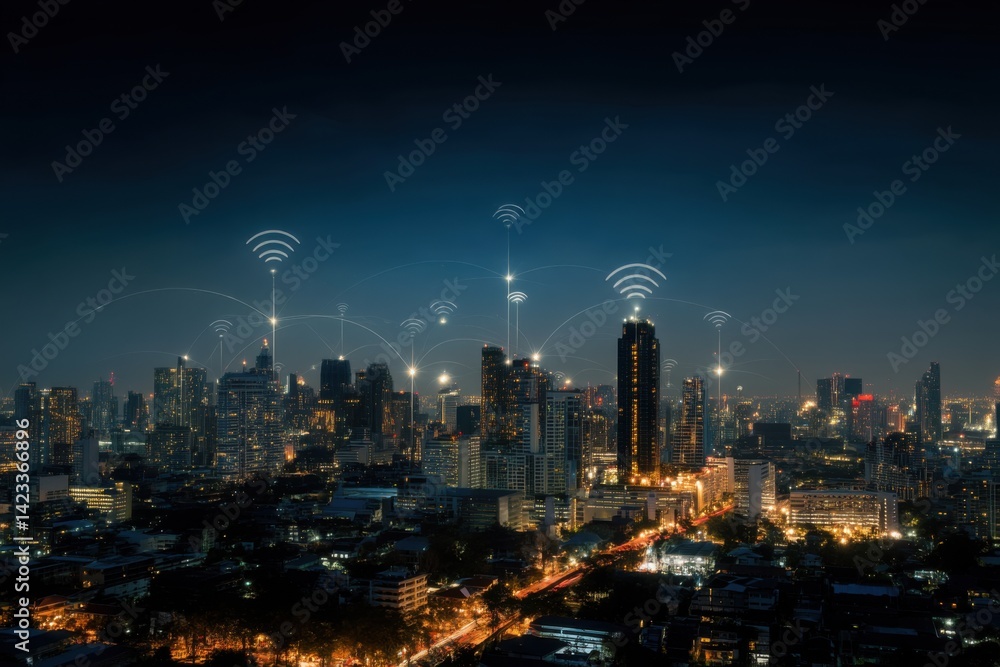 Obraz premium Cityscape of digital infrastructure: A night view of a city with an overlay of wireless communication networks, illustrating the smart city concept and modern digital infrastructure.
