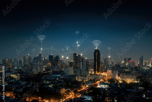 Wallpaper Mural Cityscape of digital infrastructure: A night view of a city with an overlay of wireless communication networks, illustrating the smart city concept and modern digital infrastructure. Torontodigital.ca