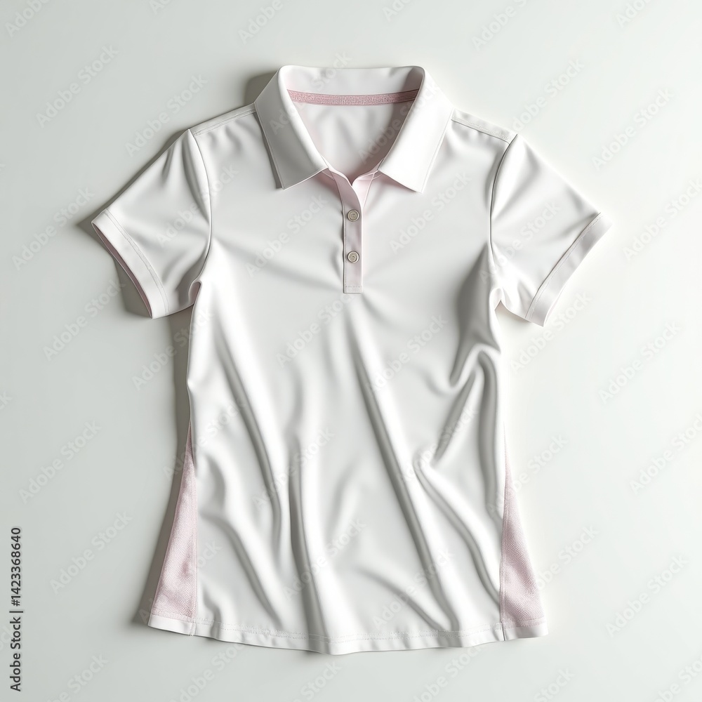White polo shirt with pink accents on white surface White polo shirt with pink accents on white surface