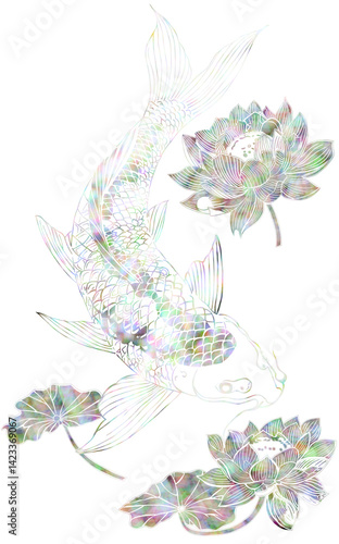 자개로 표현된 한국 전통 민속예술: 연꽃 사이를 유영하는 잉어